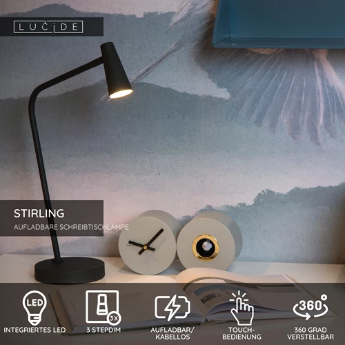 Lucide STIRLING - wiederaufladbare Schreibtischlampe - Akku/Batterie - LED 3 StepDim - 1x3W 2700K - Schwarz - USP